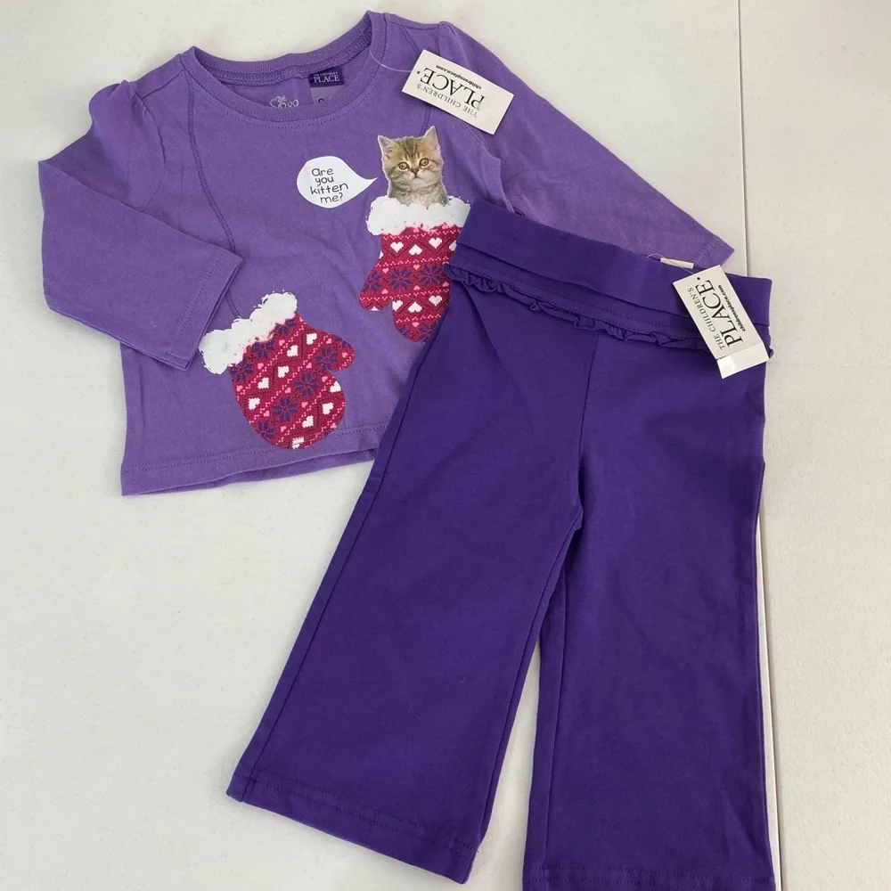 NEW Children’s Place baby girl’s purple kitten graphic decal top pants set 9-12m